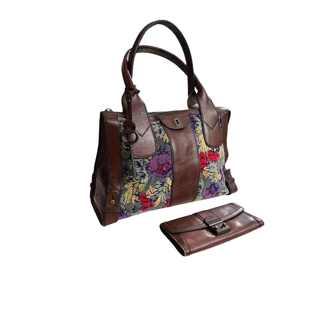 Fossil Vintage Reissue Weekender Leather Satchel Set w/ Matching Wallet Key - Picture 3 of 14
